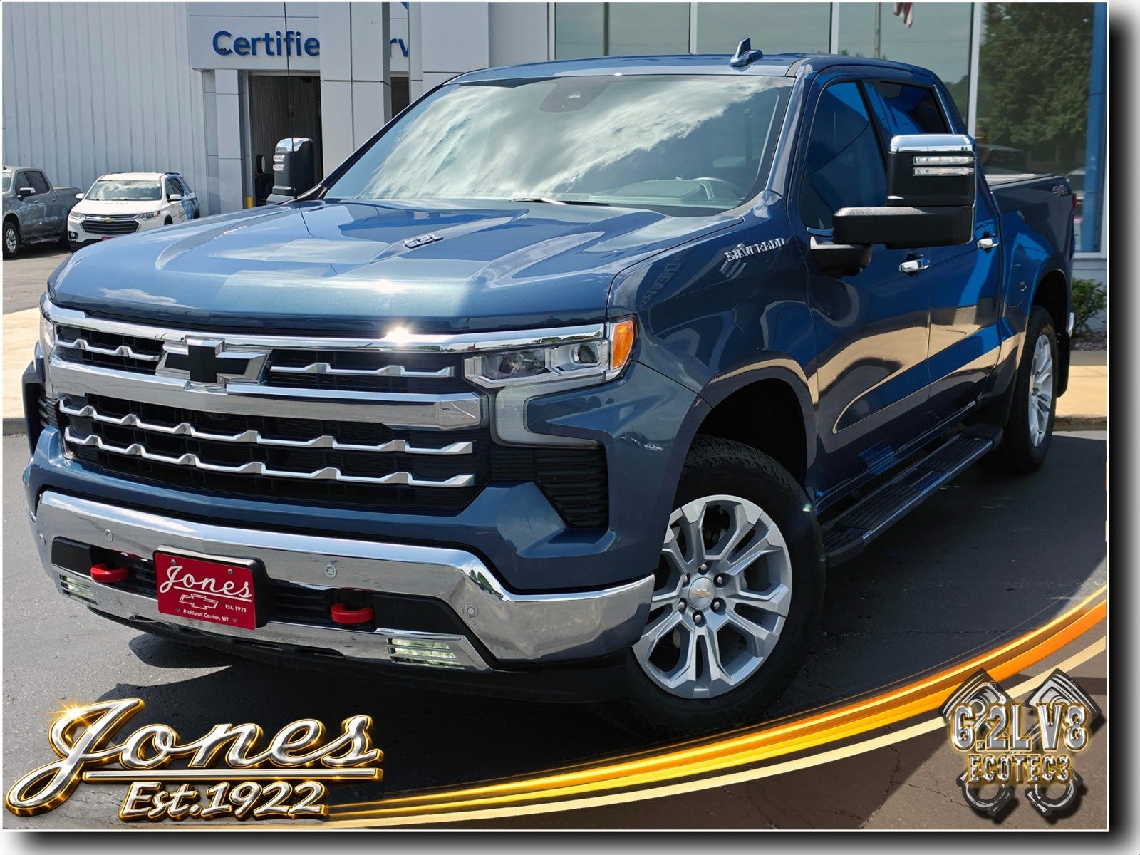 2024 Chevrolet Silverado 1500 LTZ in Lakeshore Blue Metallic — front three-quarter view